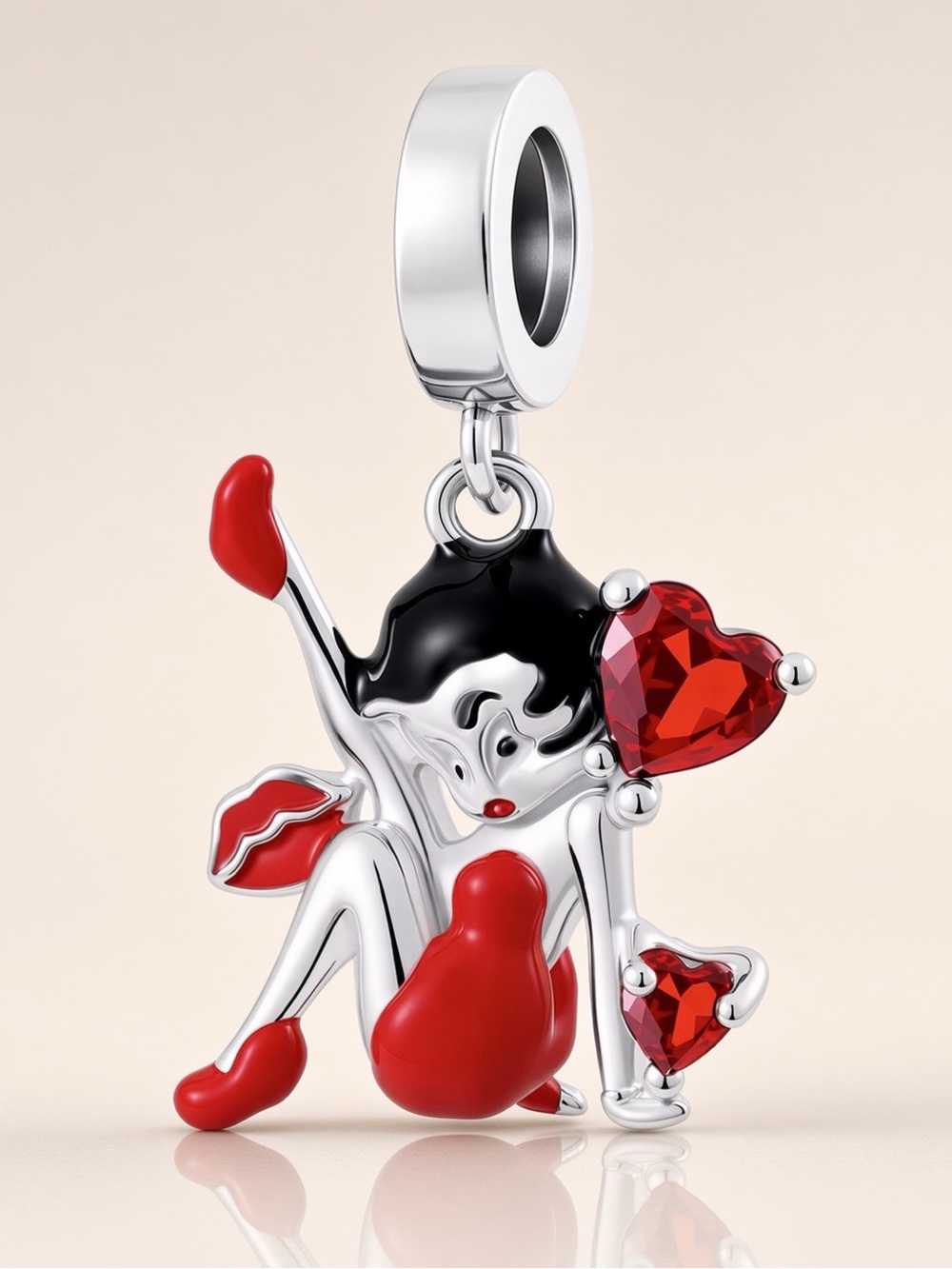 Silver-tone Red Heart & Figure Charm Pendant for Women